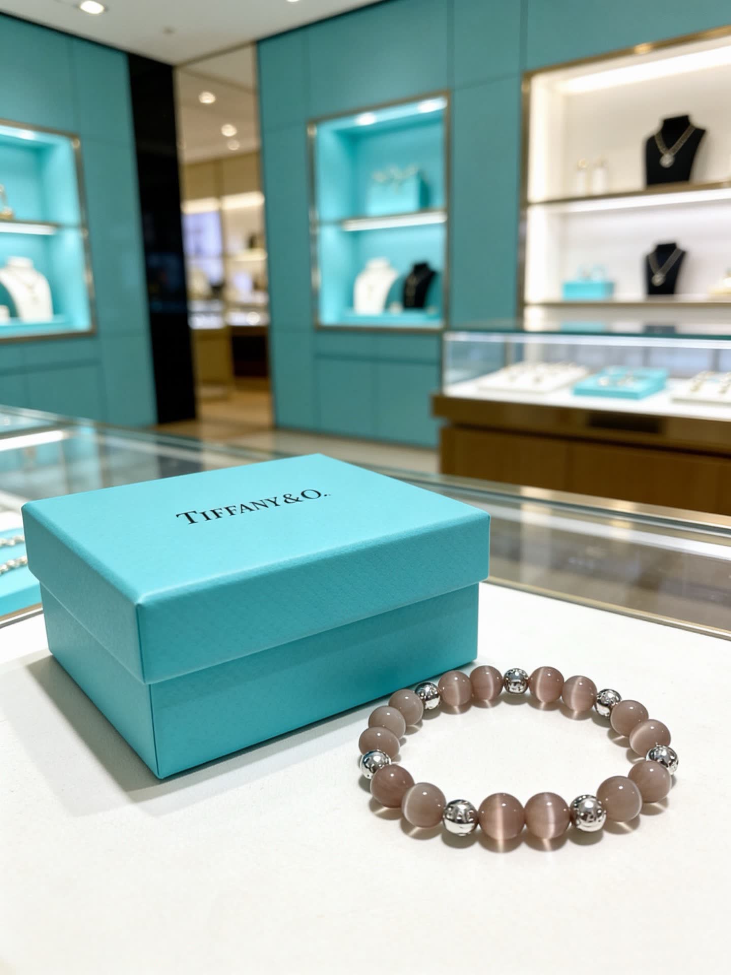Tiffany & Co Elegant Brown Agate Beaded Bracelet with Silver Accents